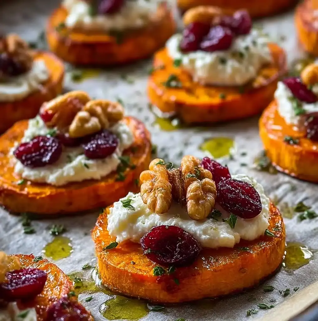 Roasted Sweet Potato Rounds with Herbed Ricotta, Walnuts, and Cranberries Recipe
