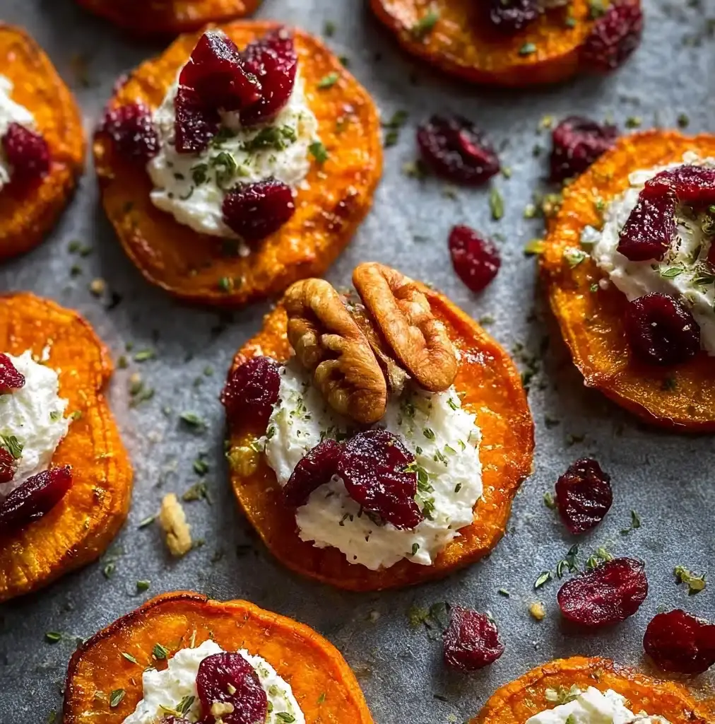 Roasted Sweet Potato Rounds with Herbed Ricotta, Walnuts, and Cranberries Recipe