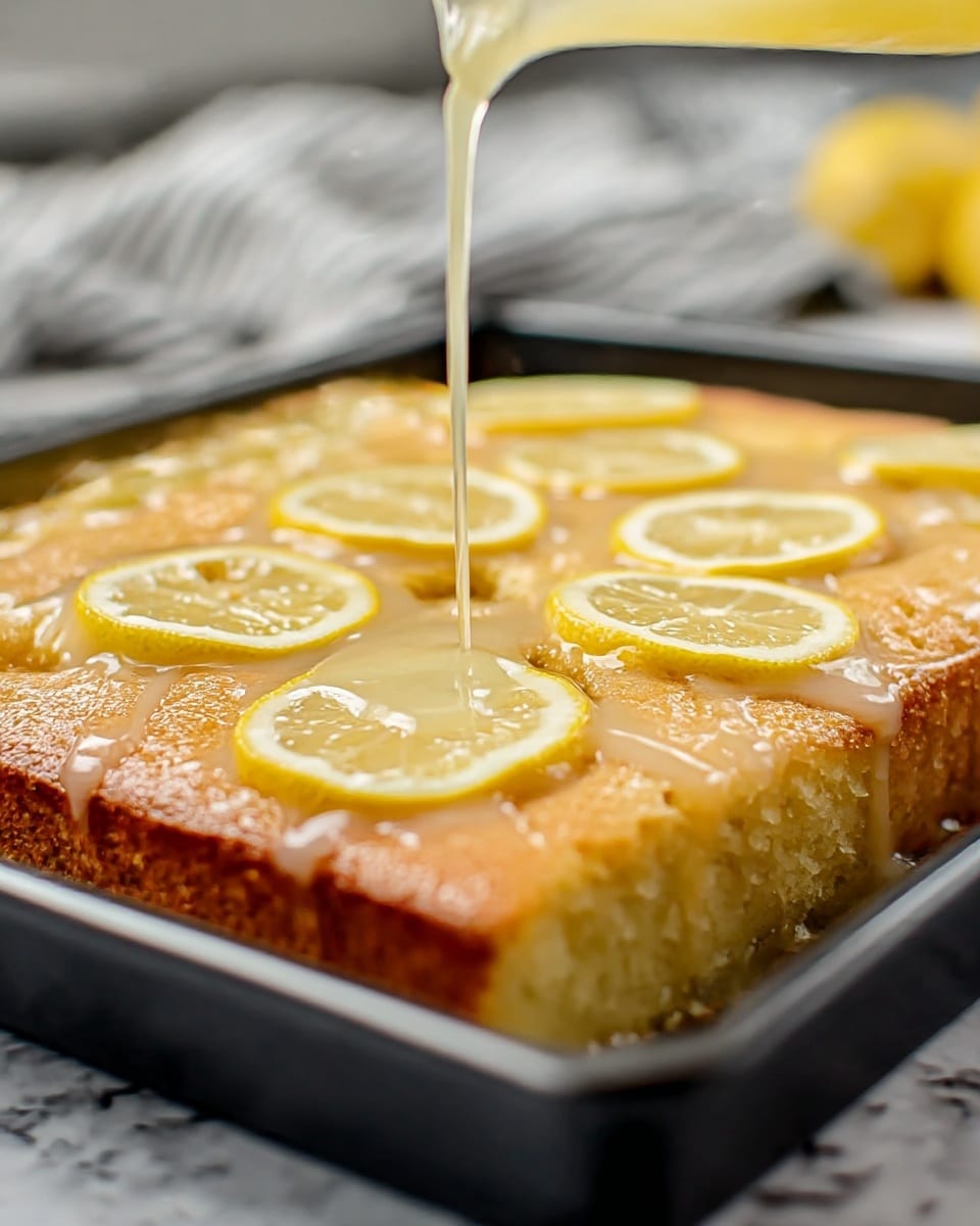 A close-up of a square lemon cake in a black baking tray with a golden brown crust and a light yellow, soft inside. The cake is dotted with shallow holes on the top surface, filled with a clear glaze being poured gently over it. Thin round lemon slices are spread evenly, mostly lying flat on the top, showing the bright yellow peel and pale yellow juicy flesh. The edges of the cake look slightly crisp and darker brown, giving a fresh and moist look overall. The scene rests on a white marbled texture with a striped cloth in the background. Photo taken with an iphone --ar 4:5 --v 7