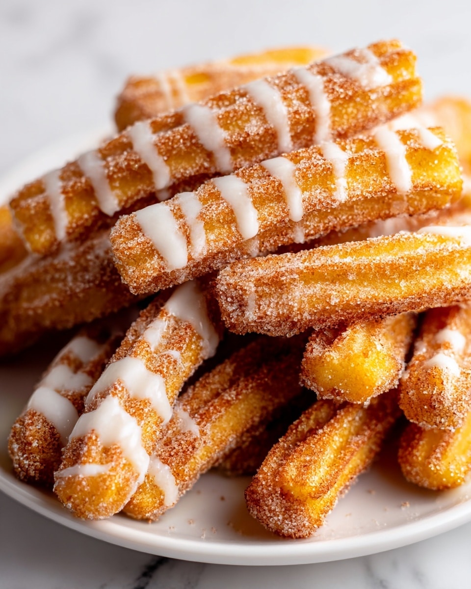 A close-up view of multiple golden brown churros piled on a white plate, each churro coated with a layer of granulated sugar and cinnamon, giving them a textured, grainy surface. Some churros are drizzled with a light white glaze that contrasts with the warm tones of the fried dough. The churros are stacked in a casual, uneven heap, showing their ridged, crunchy edges and soft interiors. The background features a white marbled texture. photo taken with an iphone --ar 4:5 --v 7