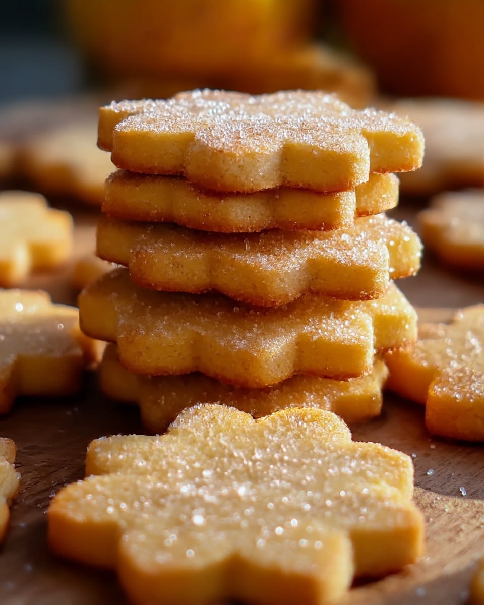 A close-up image of golden brown flower-shaped sugar cookies stacked in a pile, each cookie showing a slightly crispy edge with a soft center, sparkling with coarse sugar crystals sprinkled on top; the cookies are arranged on a wooden surface with more cookies blurred in the background, all under soft natural light highlighting their texture and sugary coating, photo taken with an iphone --ar 4:5 --v 7