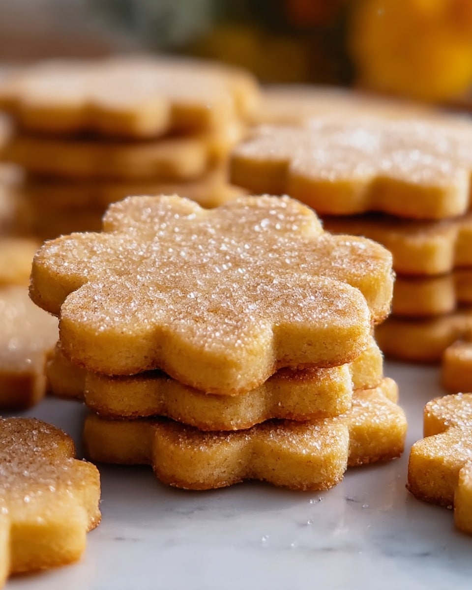A close-up of a stack of golden brown cookies with sugar crystals sparkling on top. The cookies have a flower shape with scalloped edges and are arranged in several layers, showing their thickness and slightly rough texture. The background is softly blurred with more cookies stacked, emphasizing the sugar's shimmer and the warm tones of the baked dough. The photo is taken on a white marbled texture surface. photo taken with an iphone --ar 4:5 --v 7