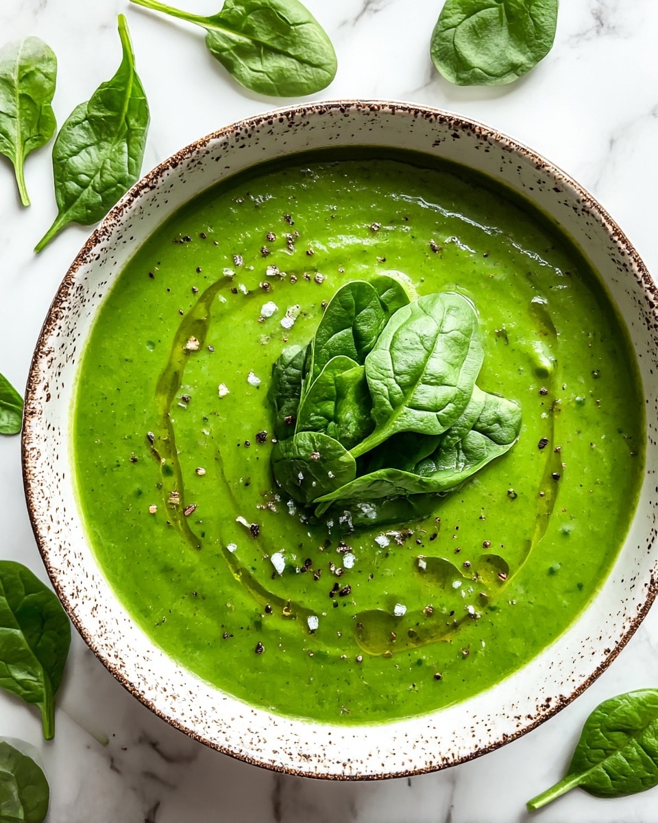 A bowl filled with smooth, bright green spinach soup topped in the center with a small pile of fresh whole spinach leaves. The soup has a velvety texture with some small leafy bits mixed inside. It is sprinkled evenly with coarse black pepper and a few flakes of white salt grains, and there is a light drizzle of olive oil on the surface that creates tiny shiny pools. The bowl is white with a speckled brown rim, set on a white marbled surface, with a few loose spinach leaves scattered around the bowl. Photo taken with an iphone --ar 4:5 --v 7