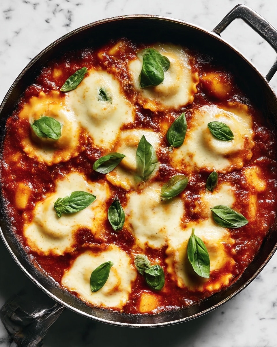 A black round cast iron pan filled with ravioli in a rich red tomato sauce forms the base layer. On top of the sauce, there are several round ravioli pieces with ruffled edges, covered with melted white cheese that has slightly browned spots. Fresh green basil leaves are scattered evenly across the surface, adding a touch of vibrant color and freshness to the dish. The pan rests on a white marbled surface. photo taken with an iphone --ar 4:5 --v 7