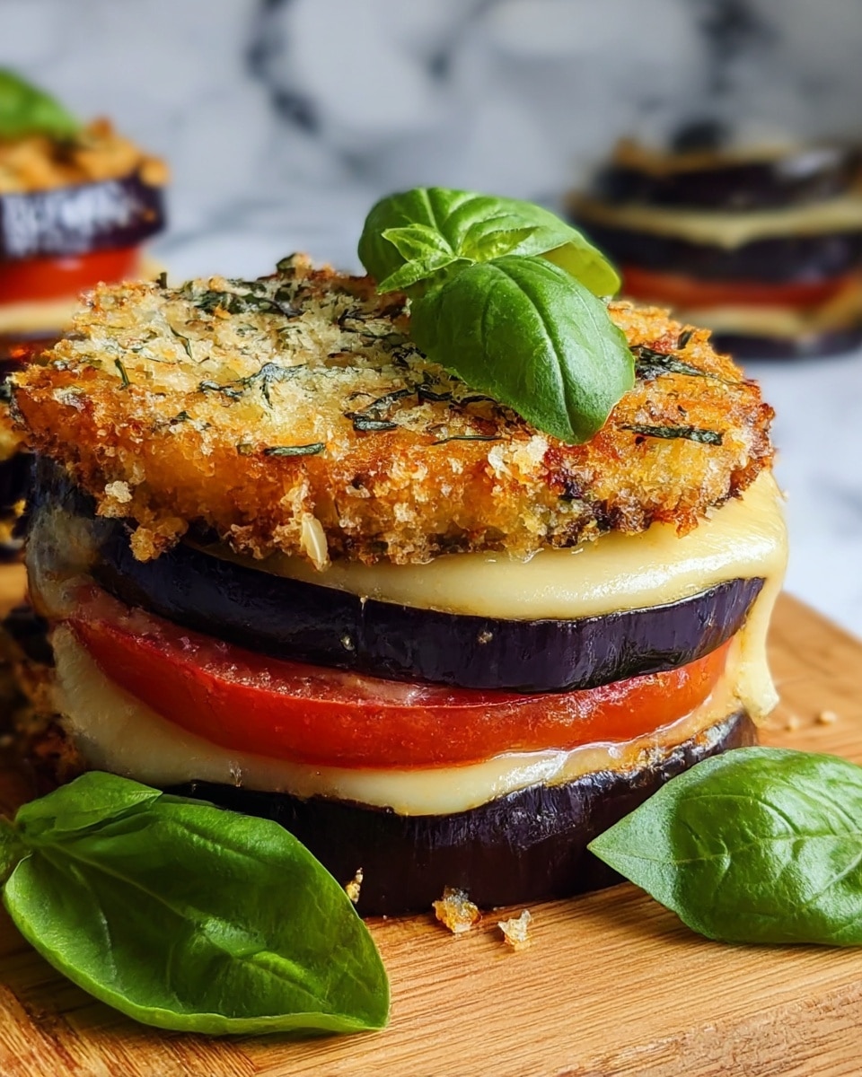 The image shows a small stack of three layers starting with a thick, round, dark purple eggplant slice at the bottom, followed by a bright red tomato slice topped with melted white cheese, then another slice of eggplant, and finishing with a golden-brown, crispy breadcrumb-covered eggplant slice on top. The top layer is garnished with fresh green basil leaves. The stack is placed on a wooden board with a few scattered green basil leaves around it, all set against a white marbled surface in the background. photo taken with an iphone --ar 4:5 --v 7