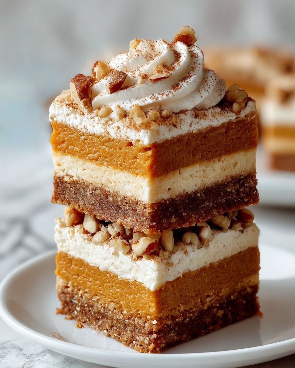 Two square dessert bars stacked on a white plate with a white marbled background, each bar showing four distinct layers: a crumbly dark brown crust at the bottom, a thick orange-brown pumpkin layer above it, a creamy white layer next, and a slightly darker brown topping studded with chopped nuts. The top bar has a swirl of white whipped cream with a dusting of brown spice and small nut pieces. The lighting highlights the texture of each layer and the crunchiness of the nuts. Photo taken with an iphone --ar 4:5 --v 7