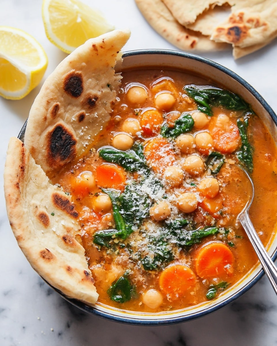 A deep bowl filled with a thick soup that has a reddish-orange base mixed with visible whole chickpeas, bright orange carrot slices, and dark green spinach leaves. There is a sprinkling of finely grated cheese or a light crumbly topping on the surface. Two pieces of lightly toasted flatbread with brown char marks rest partially dipped into the soup on the left side of the bowl. In the background, more flatbread with a torn piece shows the soft inside. Lemon wedges sit on the white marbled surface to the left, adding a fresh touch. A silver spoon is partly submerged in the soup on the right side of the bowl. photo taken with an iphone --ar 4:5 --v 7