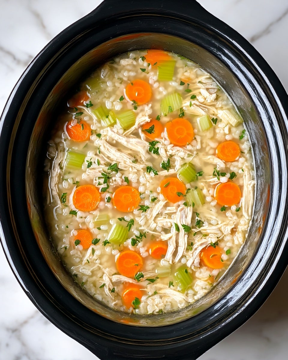 A black slow cooker filled with chicken and rice soup viewed from above. The soup shows multiple layers starting with small white rice grains scattered through a light broth. Bright orange carrot slices and light green celery pieces are mixed evenly throughout. Shredded pieces of light beige chicken are placed around the soup. Small green herb bits float on top, adding texture and color. The slow cooker sits on a white marbled surface. photo taken with an iphone --ar 4:5 --v 7