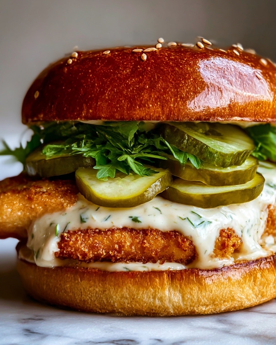 The image shows a close-up of a sandwich with four main layers inside a shiny, sesame-seed sprinkled brown bun. The bottom layer is a slightly toasted bun with a golden brown color and soft texture. On top of it is a thick layer of creamy white sauce with visible bits of green herbs. Above the sauce is a thick, crispy, golden-brown fried piece of fish with a crunchy texture. Sitting on the fish are several slices of green pickles with a glossy look, and on top of those is a layer of dark green fresh leafy herbs. The top shiny sesame bun crowns the sandwich, completing the stacked look. The sandwich is placed on a white marbled surface. photo taken with an iphone --ar 4:5 --v 7