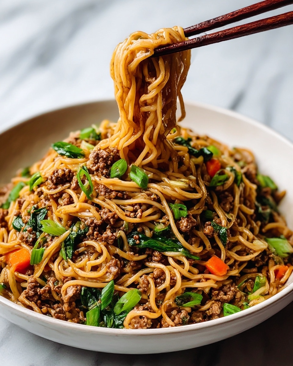 A white shallow bowl holds a heap of stir-fried noodles mixed with ground meat and chopped vegetables. The noodles are light brown and shiny from the sauce, tangled with dark brown crumbled ground meat throughout. Bright green chopped scallions and crisp green leafy vegetables are scattered evenly on top and within the layers. Small pieces of orange carrot add a splash of color inside the noodles. A pair of dark wooden chopsticks lifts a swirl of noodles and meat above the pile, showing the different textures and colors closely. The bowl sits on a white marbled surface. photo taken with an iphone --ar 4:5 --v 7