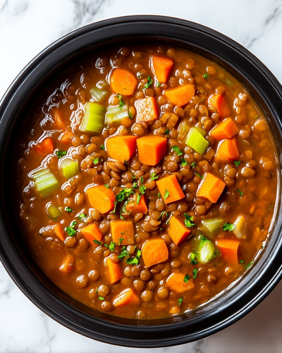 A close top view of a black bowl filled with thick lentil soup showing three main layers: the base layer is a rich brown broth with small lentils scattered throughout; above that are medium-sized bright orange carrot cubes evenly spread; the top layer has light green celery pieces and small bits of fresh parsley floating on the surface. The bowl sits on a white marbled texture. photo taken with an iphone --ar 4:5 --v 7