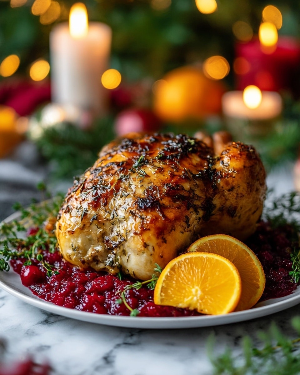 A whole roasted chicken with golden browned skin speckled with herbs sits at the center of a white plate. Surrounding the chicken's base is a thick layer of bright red cranberry sauce, textured and slightly chunky. Sprigs of fresh green thyme are scattered over the chicken and plated alongside it. On the right side of the dish, two slices of vibrant orange add a pop of color. The plate rests on a white marbled surface with blurred Christmas decorations, candles, and warm lights in the background. photo taken with an iphone --ar 4:5 --v 7