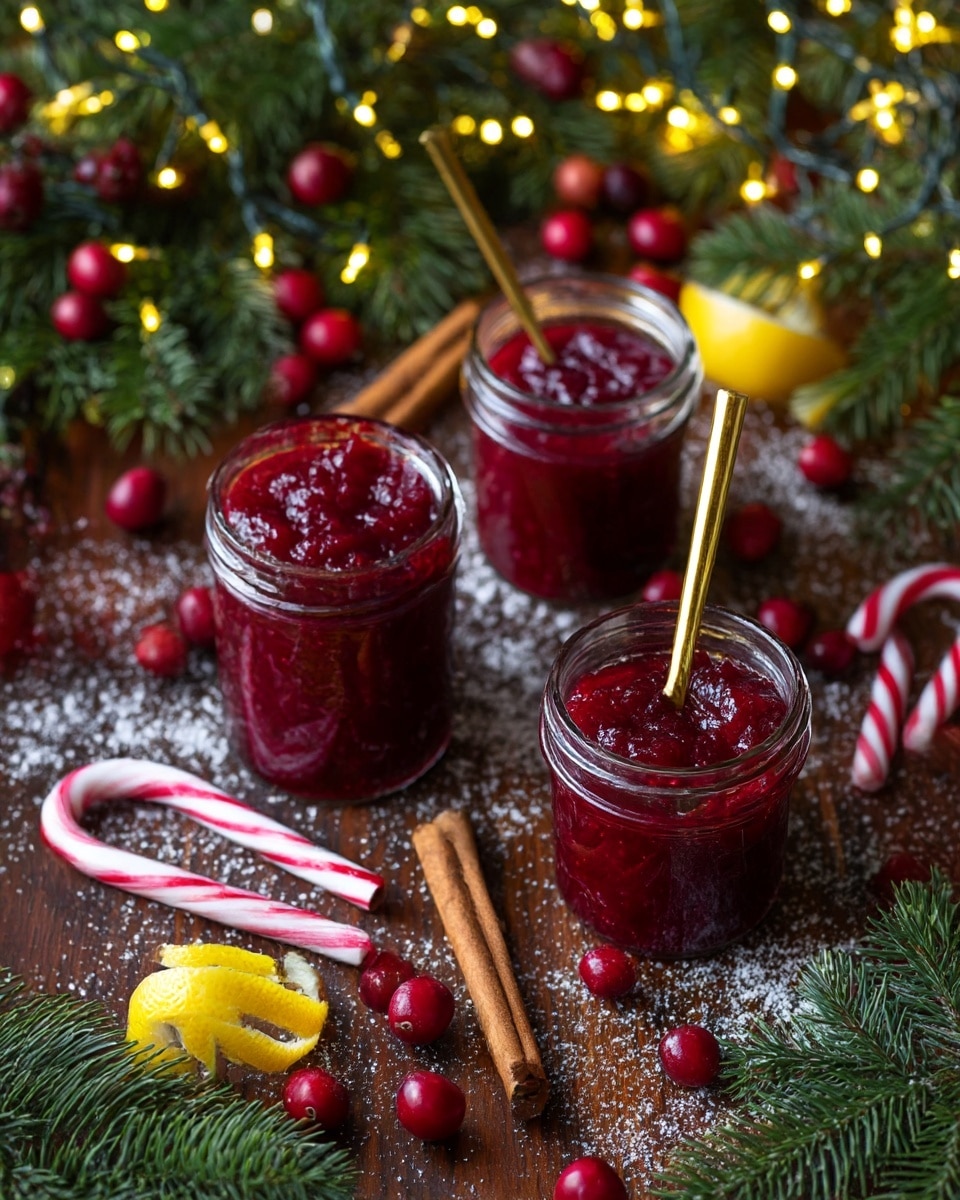 The image shows three small glass jars filled with deep red cranberry sauce of thick, chunky texture. Two jars have golden spoons placed inside, with the spoons sticking out, highlighting the sauce's richness. The jars rest on a dark wooden surface sprinkled with white powdered sugar. Around the jars, there are cinnamon sticks, whole cranberries, curled lemon peels, and red-and-white candy canes lying flat. The background features green pine branches adorned with small yellow fairy lights, creating a festive holiday feel. photo taken with an iphone --ar 4:5 --v 7