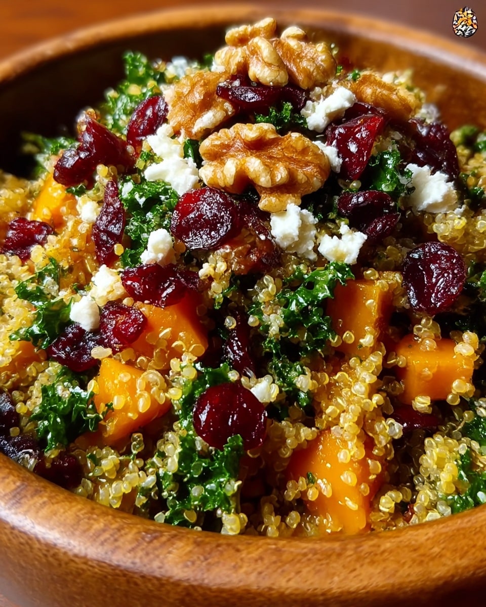 The dish is a colorful quinoa salad served in a wooden bowl, filled with several visible layers and textures. At the bottom, there is a layer of golden quinoa grains with a slightly glossy texture. Mixed within are bright orange chunks of roasted vegetables. Over this base, there are fresh dark green kale leaves, slightly curly and vibrant. Scattered throughout the salad are deep red dried cranberries, adding a chewy texture. On the top, there are crumbled white cheese pieces, which contrast with the rest of the colors. Finishing the dish are large, shiny brown walnuts evenly spread for crunch. The whole salad has a light, glistening dressing making it look fresh and inviting, photo taken with an iphone --ar 4:5 --v 7