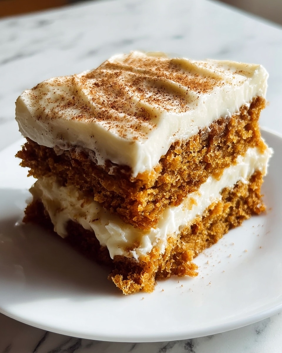A close-up image of a three-layer cake square on a white plate. The bottom and middle layers are moist, spongy, and brown with a rough texture typical of a carrot or spice cake. The middle layer has a spread of smooth, white cream filling that looks thick and rich. The top layer is a thick, creamy white frosting with a slightly wavy texture, dusted with a fine sprinkling of cinnamon or brown spice powder. The cake sits on a white marbled surface. Photo taken with an iphone --ar 4:5 --v 7