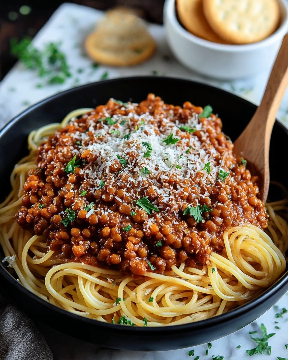 A black bowl filled with a nest of light golden spaghetti on the bottom layer, topped generously with a thick, rich brown meat sauce containing visible small lentils and ground meat. The sauce is sprinkled with finely grated white cheese and fresh green chopped herbs scattered on top. A wooden spoon is resting in the bowl on the right side, partly buried in the spaghetti and sauce. In the blurred background, a white bowl holds two round beige-colored crackers, and the surface is a white marbled texture with some scattered green herb pieces around. photo taken with an iphone --ar 4:5 --v 7