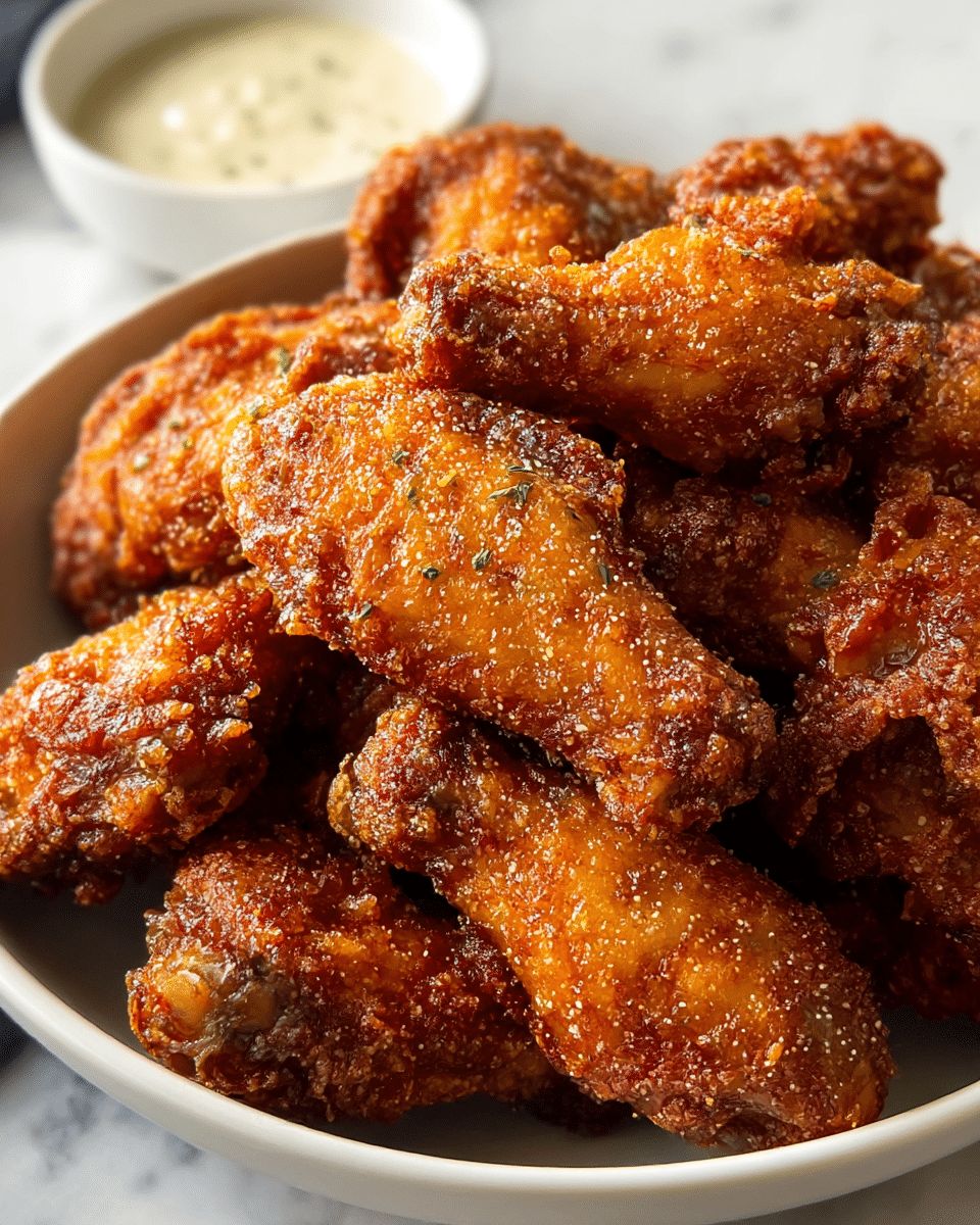A close-up view of a bowl full of crispy fried chicken wings, piled high with around two layers visible; the wings have a rich golden-brown color with a crunchy texture and a sprinkle of fine seasoning, some small green herb pieces add a touch of color on top. The bowl is white, and there is a small white bowl with creamy sauce slightly blurred in the background on a white marbled surface. photo taken with an iphone --ar 4:5 --v 7