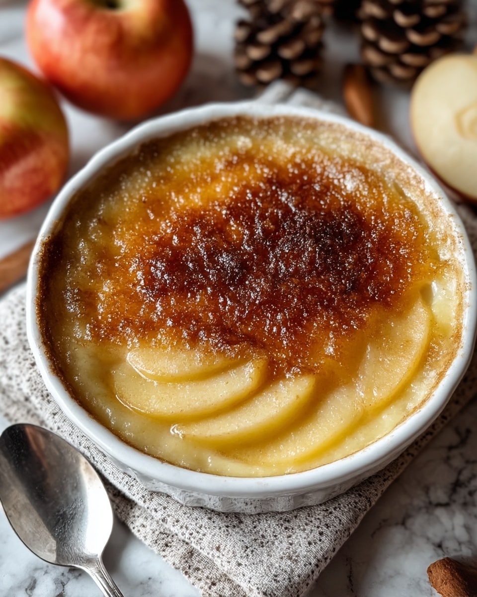 The image shows a round white ceramic dish filled with a creamy apple dessert that has a golden brown caramelized sugar crust on top. The top layer is uneven and bubbly with a rich amber color. Below the crust, visible slices of soft cooked yellow apples peek through the slightly translucent, creamy sauce layer. The dish sits on a speckled cloth with a spoon beside it, on a white marbled texture, and there are whole apples and pine cones blurred softly in the background. photo taken with an iphone --ar 4:5 --v 7
