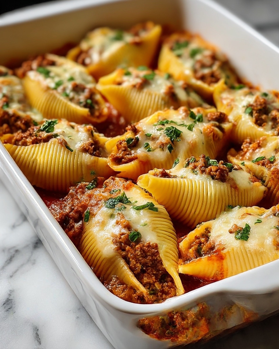 A white rectangular baking dish holds large pasta shells stuffed with a meat mixture. Each shell is filled with finely ground beef in a tomato sauce, topped with melted cheese and small green herb pieces sprinkled on top. The pasta shells are a light golden-yellow color with ridges, and the melted cheese has a slightly browned, bubbly texture. The dish is set on a white marbled surface, adding a clean and bright backdrop to the rich colors of the food. photo taken with an iphone --ar 4:5 --v 7
