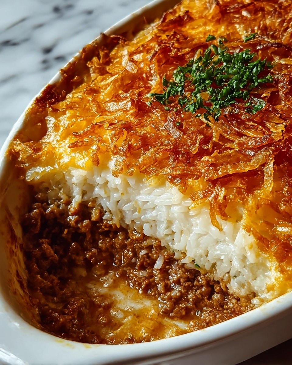 The dish is a layered casserole in a white oval ceramic dish, showing a rich middle section of cooked ground beef that is brown and crumbly. Above this is a thick layer of white rice with a soft texture, topped by crispy golden-brown fried onions that add a crunchy texture. The top surface has a small sprinkle of chopped green herbs placed near one edge. The dish is set on a white marbled surface, and the photo captures the dish from a close side angle with warm lighting, showing the textures clearly. photo taken with an iphone --ar 4:5 --v 7
