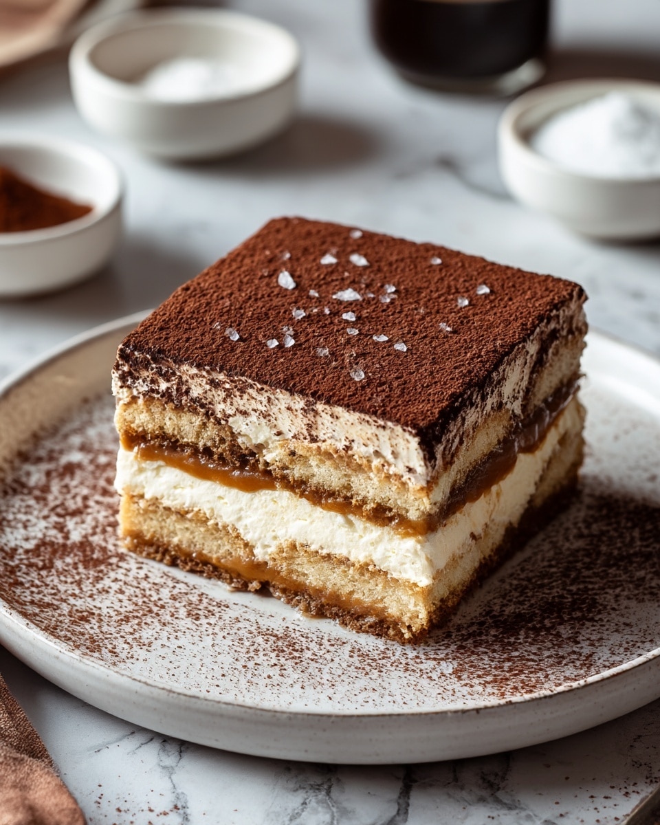 A square slice of tiramisu dessert sits on a white plate with a slightly raised edge, placed on a white marbled surface. The dessert has four visible layers: a thick bottom layer of light brown soaked sponge cake, a middle layer of creamy white mascarpone mixed with another thin layer of sponge cake saturated in dark coffee, topped with a smooth layer of rich caramel sauce peeking through between the creamy and cake layers. The top layer is covered with a thick dusting of dark cocoa powder, sprinkled lightly with a few coarse white salt flakes. Cocoa powder also decorates the plate around the dessert, adding a rustic touch. In the background, there are small white bowls containing white powder and coffee, slightly out of focus. photo taken with an iphone --ar 4:5 --v 7