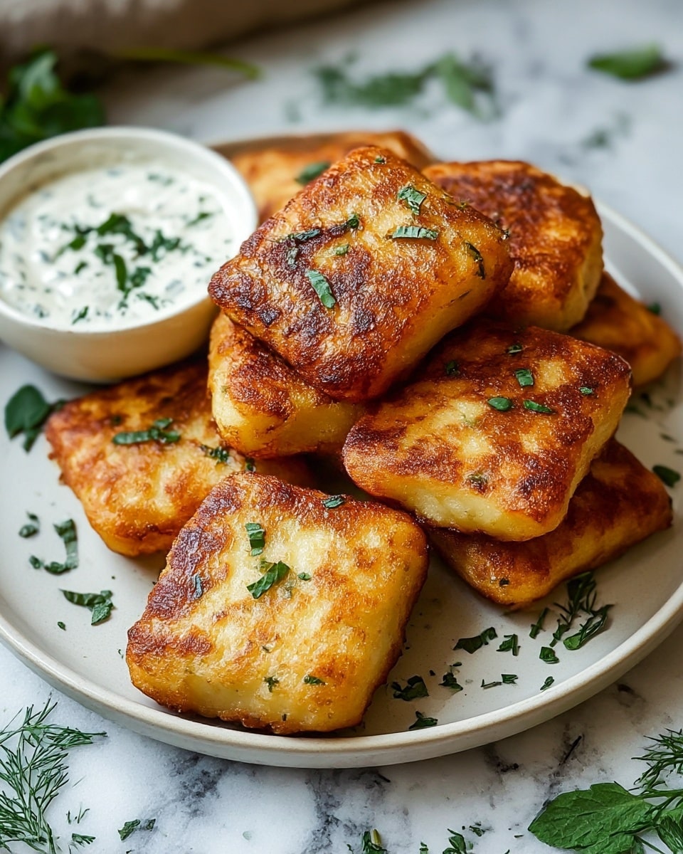 The image shows a round white plate filled with seven golden-brown fried pieces that are square and slightly puffed in shape, with a crispy texture and sprinkled with small green herb leaves on top. Behind the plate is a small white bowl of white sauce with green herbs on the surface. The plate is placed on a white marbled texture with some green herbs scattered around. photo taken with an iphone --ar 4:5 --v 7