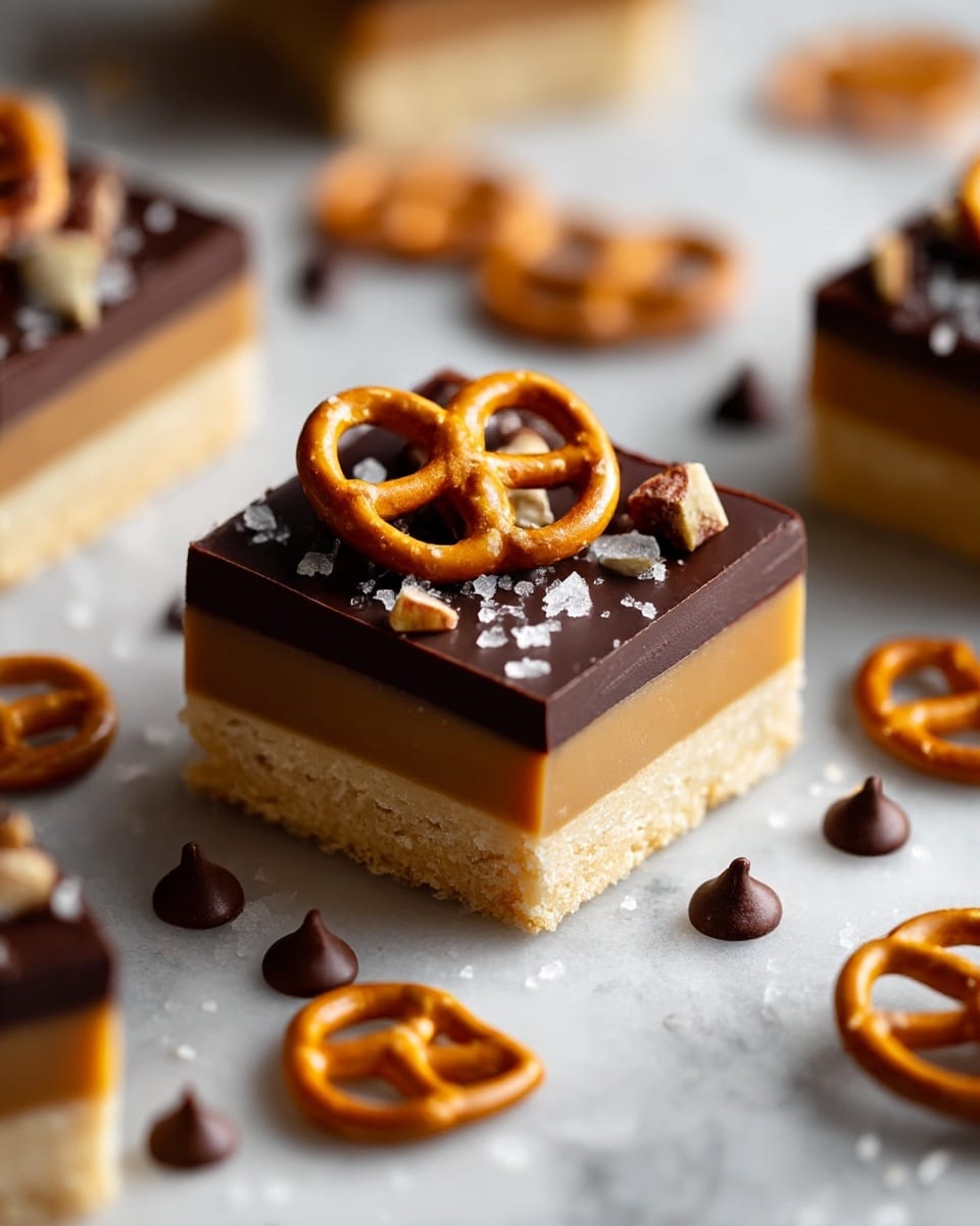 The image shows a close-up of a square dessert with three clear layers: a light beige crispy base, a smooth caramel middle, and a shiny dark chocolate top. On top of the chocolate layer, a small pretzel is placed, with chunks of chopped nuts and large flakes of sea salt scattered around it. Around the dessert, there are small chocolate drops and more pretzels on a white marbled surface, creating a neat and tasty scene. photo taken with an iphone --ar 4:5 --v 7