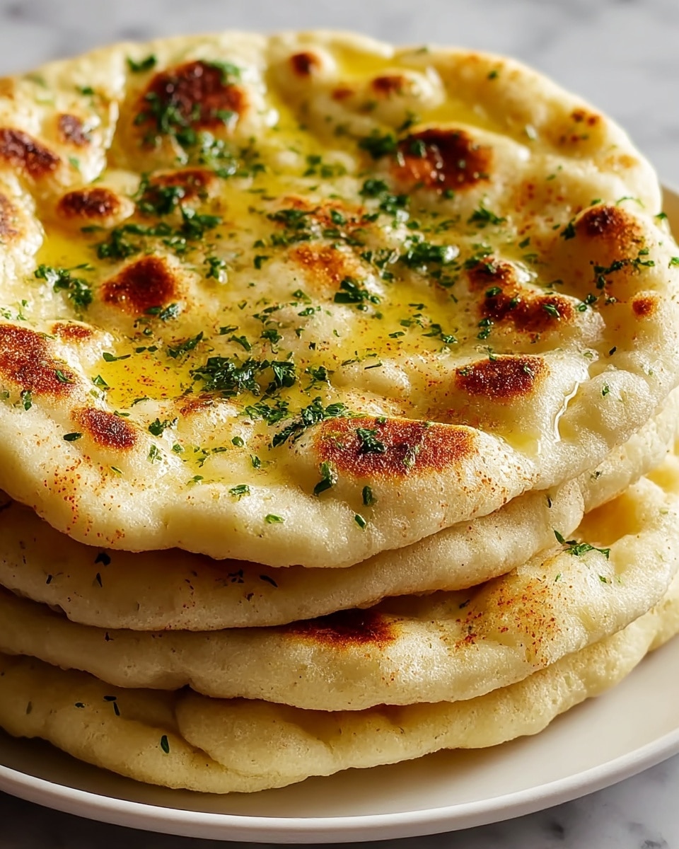 A close-up view of a stack of four thick flatbreads placed on a white plate, each flatbread showing a soft, fluffy texture with golden brown spots where it was cooked. The top flatbread is brushed with melted butter, creating a shiny, slightly oily surface, and sprinkled with finely chopped green herbs and a light dusting of reddish spice, adding color contrast. The edges of each flatbread are uneven and slightly raised, emphasizing their homemade look. The background features a white marbled texture. photo taken with an iphone --ar 4:5 --v 7