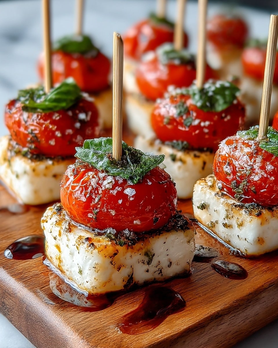 The image shows a wooden board with several bite-sized snacks arranged in a neat line. Each snack has two layers: a bottom layer of white, slightly charred cheese with a soft texture, and a top layer of bright red roasted cherry tomato with visible grill marks. Fresh green basil leaves are placed on top of each tomato. Coarse salt crystals and black pepper specks are sprinkled over the snacks, and a drizzle of shiny dark balsamic glaze pools slightly around them. Each piece is held together with a thin bamboo skewer. The background is a white marbled texture. photo taken with an iphone --ar 4:5 --v 7