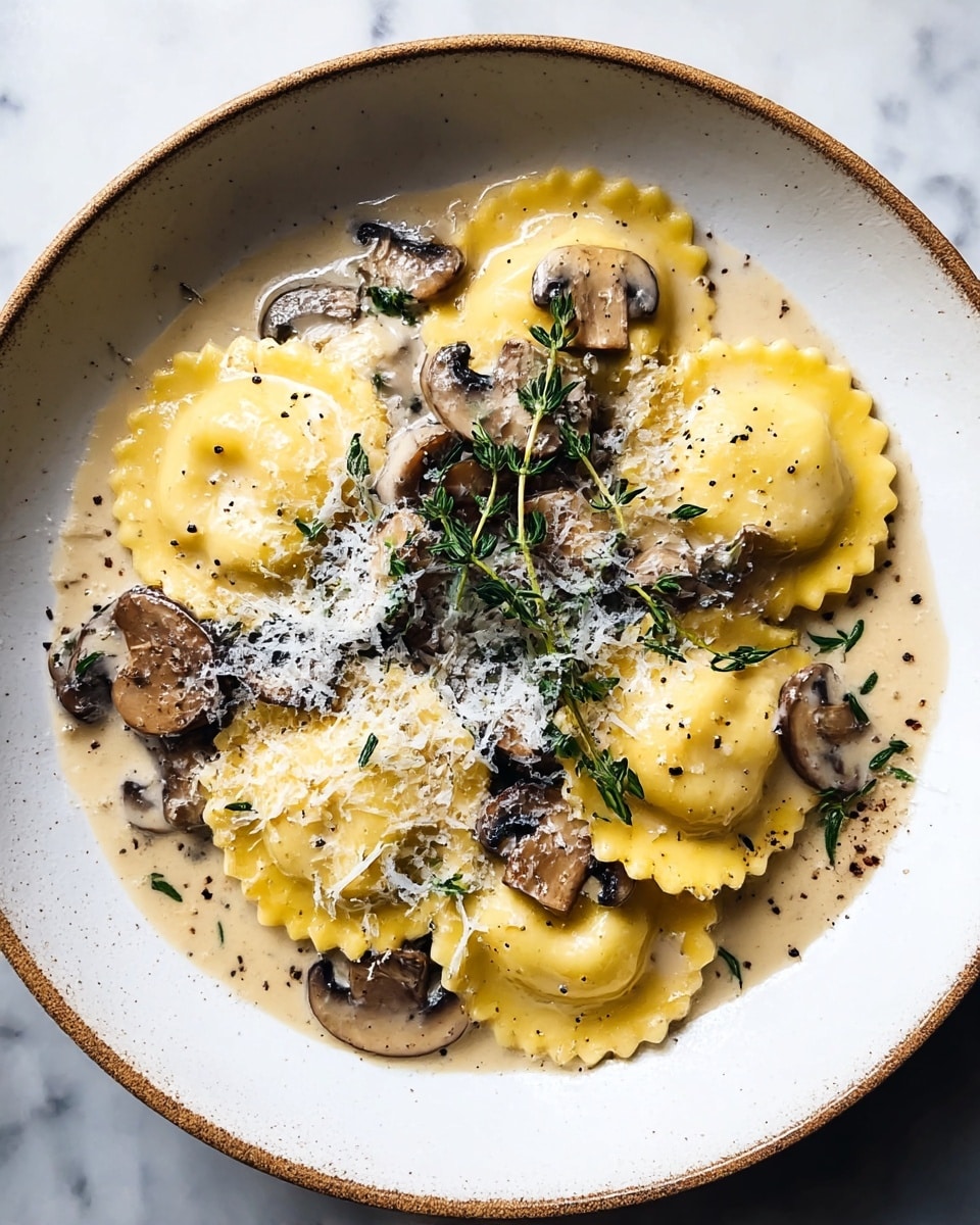 A white speckled shallow bowl holds a dish of ravioli and creamy mushroom sauce. The base layer is light beige sauce with a smooth, creamy texture filling most of the bowl. On top, there are seven large, yellow ravioli with scalloped edges spread evenly, partially covered by a mix of sliced brown and tan mushrooms with a soft, tender look. Fresh green thyme sprigs are placed on top, adding a burst of color. Finally, the dish is sprinkled with finely grated white cheese and small black pepper bits scattered evenly. The bowl is set on a white marbled texture surface. photo taken with an iphone --ar 4:5 --v 7