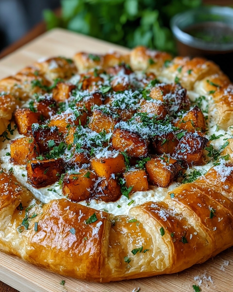 A round galette with a thick, golden brown puff pastry crust that is flaky with visible layers and slightly folded toward the center. Inside is a layer of white soft cheese, topped with roasted orange butternut squash cubes that have charred edges. The dish is sprinkled with fresh chopped green herbs and finely grated white cheese, giving a fresh and textured look. The galette sits on a light wooden board with blurry greens in the background. Photo taken with an iphone --ar 4:5 --v 7