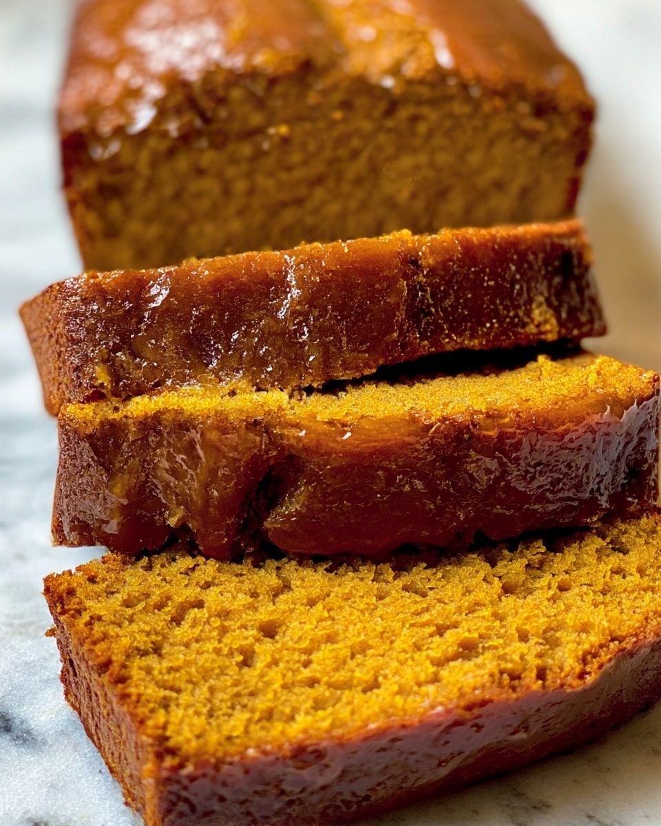 The image shows a close-up of moist pumpkin bread with a shiny, sticky glaze on top. The bread has three visible layers: a thick, darker brown top crust with a slightly glossy texture from the glaze, a middle layer of soft, orange-brown bread with a fine crumb texture, and a bottom layer that is similar in color and texture to the middle but slightly darker near the edges. The bread is sliced, with one slice resting on two others, all placed on a white marbled surface. photo taken with an iphone --ar 4:5 --v 7