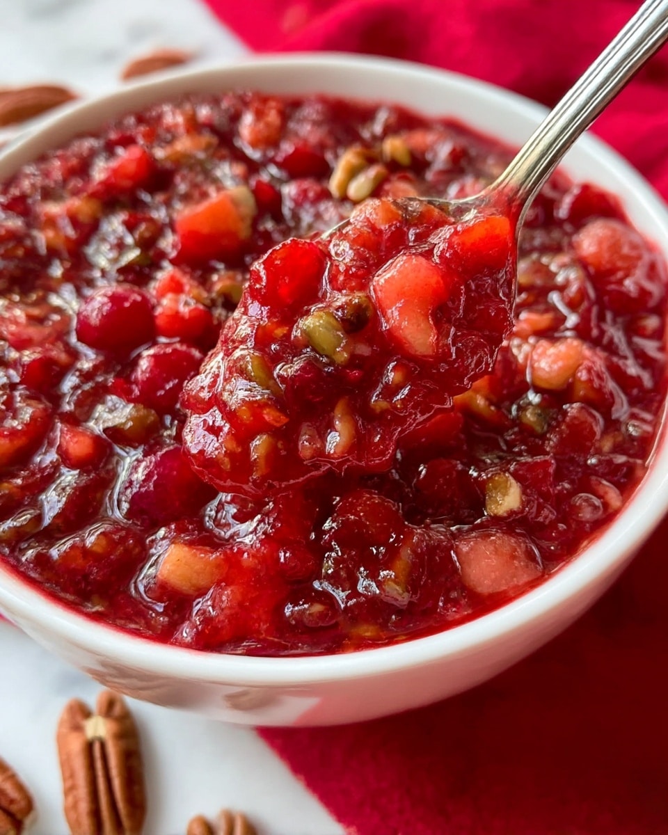 A close-up image of a white bowl filled with a chunky red cranberry sauce that has visible pieces of chopped apples and pecans mixed throughout. A silver spoon is scooping a portion of the sauce, showing a thick, shiny texture with bits of fruit and nuts clearly visible. The bowl rests on a white marbled surface with a red cloth beneath it, and some scattered pecan pieces are seen around the bowl. photo taken with an iphone --ar 4:5 --v 7