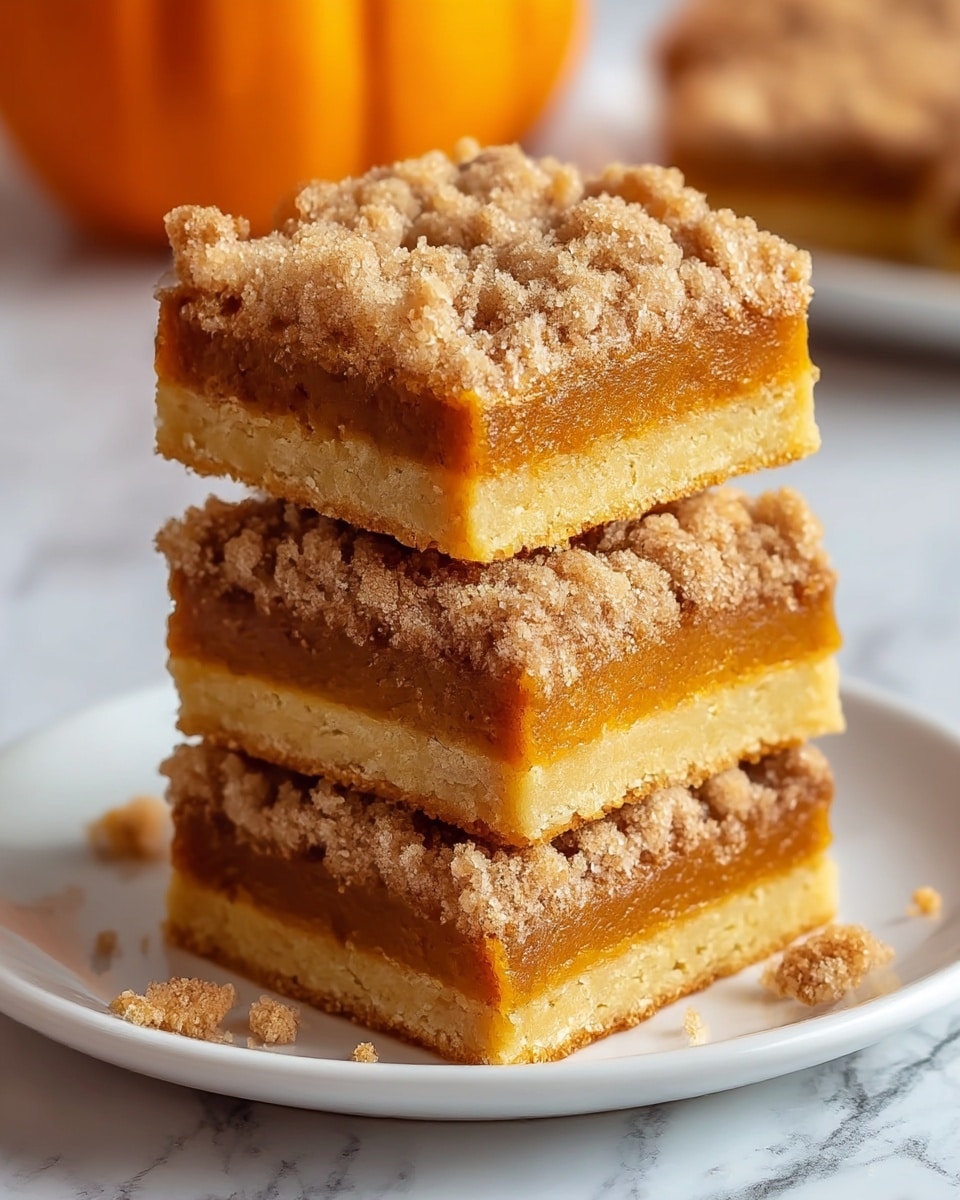 The image shows a stack of three square dessert bars on a white plate, placed on a white marbled surface. Each bar has three layers: the bottom layer is a light golden crumbly crust, followed by a thick middle layer of smooth, deep orange pumpkin filling, and topped with a crumbly, light brown streusel layer that looks rough and sugary. The bars have sharp edges and look moist and soft, with crumbs scattered lightly around the edges. In the background, a pumpkin is slightly blurred, adding a warm autumn feel. photo taken with an iphone --ar 4:5 --v 7