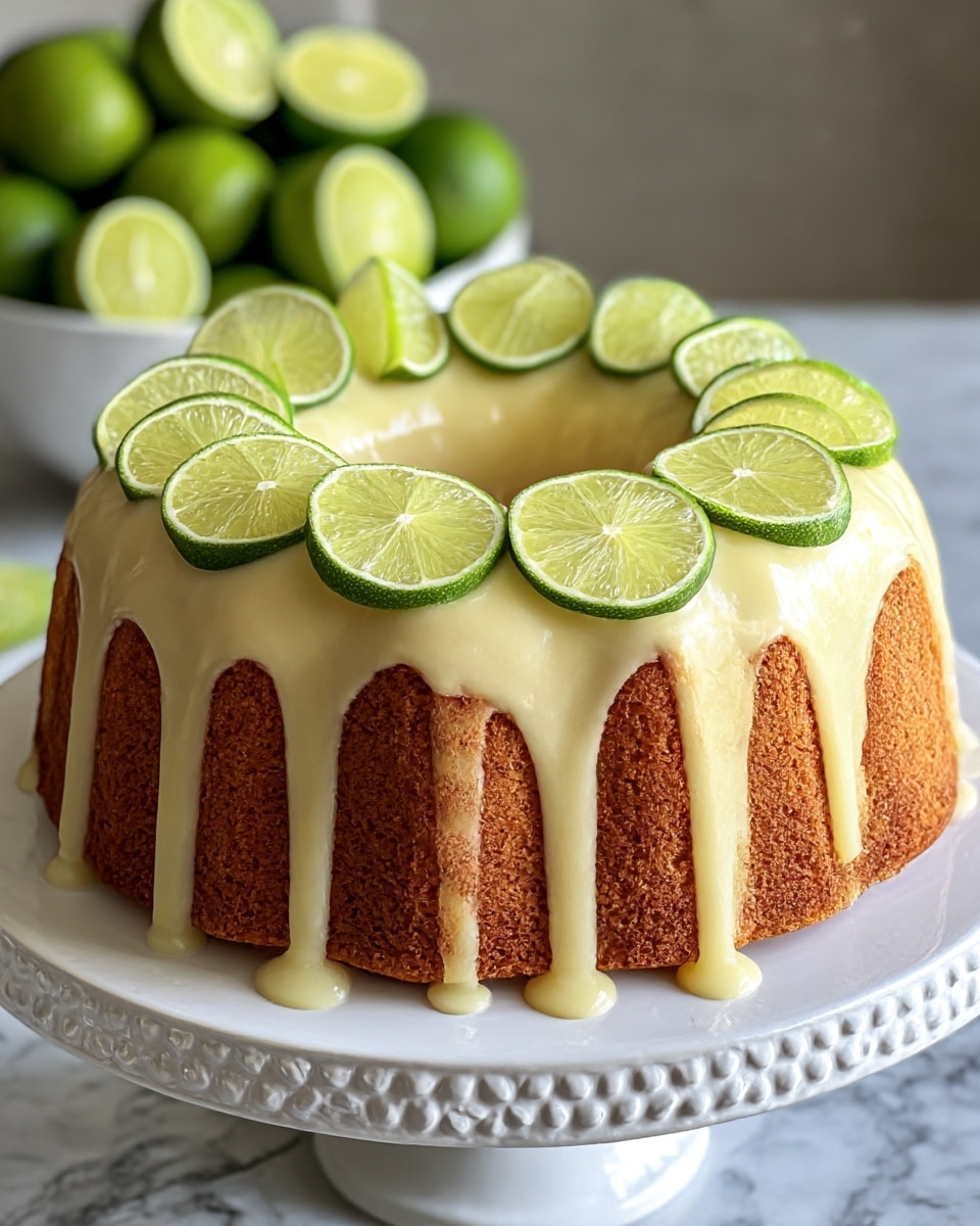 The image shows a single-layer bundt cake with a golden brown color and a slightly rough texture. The cake is topped with a thick, creamy pale yellow glaze that drips evenly down the sides in smooth streams. On top of the glaze, there are thin round slices of bright green lime arranged in a circle along the cake’s top edge, standing upright and evenly spaced. The cake is displayed on a decorative white cake stand with a textured edge. In the blurred background, there is a bowl of whole limes and a white marbled texture surface beneath the cake stand. Photo taken with an iphone --ar 4:5 --v 7