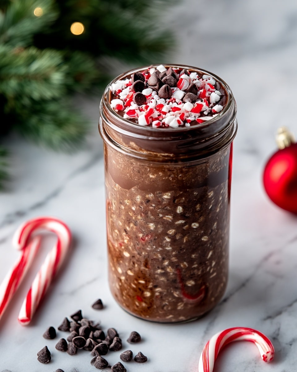 A jar filled with layered chocolate overnight oats, showing visible oats mixed with dark chocolate cream throughout the jar. The top layer is smooth, thick chocolate pudding, decorated with small round dark chocolate chips and crushed pieces of red and white peppermint candy. The jar sits on a white marbled surface, surrounded by red and white striped candy canes and scattered chocolate chips, with a blurred green pine tree and Christmas bauble in the background. photo taken with an iphone --ar 4:5 --v 7