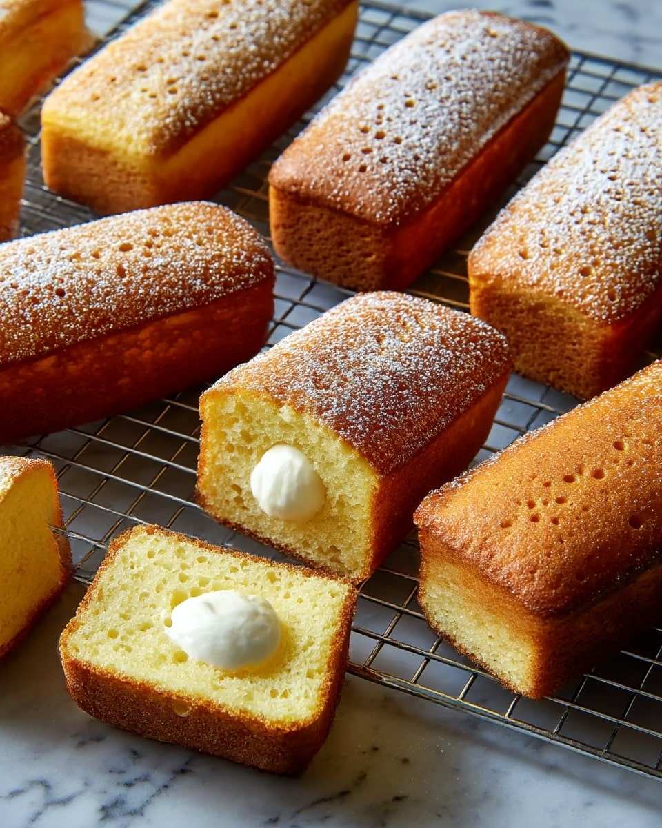 There are several golden brown rectangular cakes with a soft texture, laid out on a wire cooling rack over a white marbled surface. One cake is cut in half to show a light yellow inside with a small dollop of white cream in the center of each half. The cakes have a slight shine and are lightly dusted with powdered sugar on their tops. The edges are darker brown, giving a baked look while the tops are smooth with tiny air holes. Photo taken with an iphone --ar 4:5 --v 7