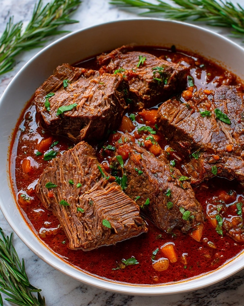 The image shows a white bowl filled with several large pieces of cooked beef, each piece having a brown outer layer with a tender, fibrous texture inside. The beef sits in a rich, dark red sauce that looks thick and shiny, with visible small chunks of orange and light-colored vegetables mixed throughout. Fresh green herbs are sprinkled over the beef and sauce, adding a touch of color. The bowl is placed on a surface with a white marbled texture, and rosemary sprigs can be seen around the bowl. photo taken with an iphone --ar 4:5 --v 7