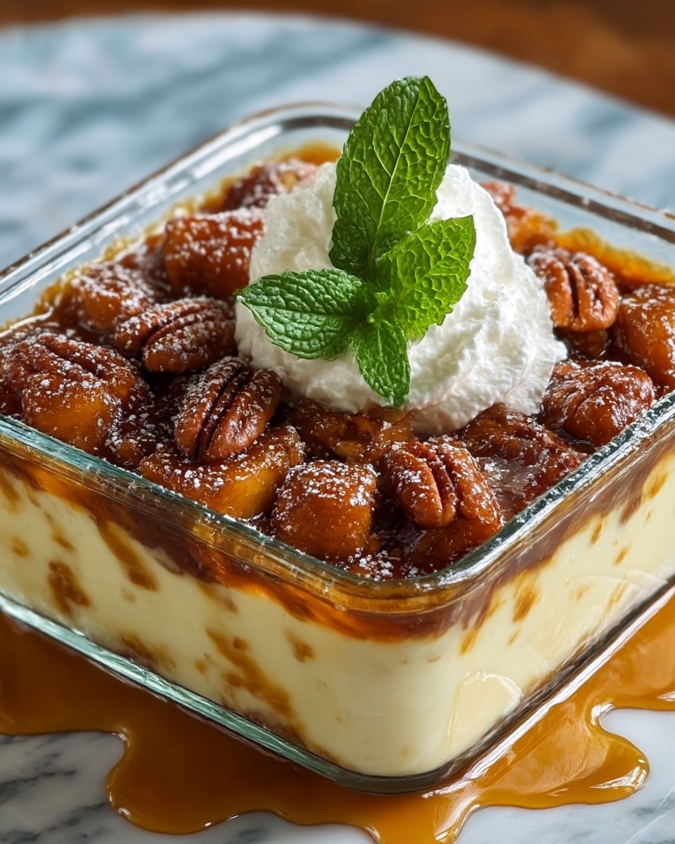 A square glass dish with a dessert made of three main layers: at the bottom is a smooth, creamy white layer with some light brown spots, the middle has a darker sticky caramel layer seeping down the sides of the dish, and the top layer is made of golden brown baked pieces with a shiny texture and sprinkled powdered sugar. Some whole pecans are scattered on top, and a large dollop of white whipped cream garnished with a fresh green mint leaf sits in the center. The dish is placed on a white marbled surface with caramel sauce dripping onto it. Photo taken with an iphone --ar 4:5 --v 7