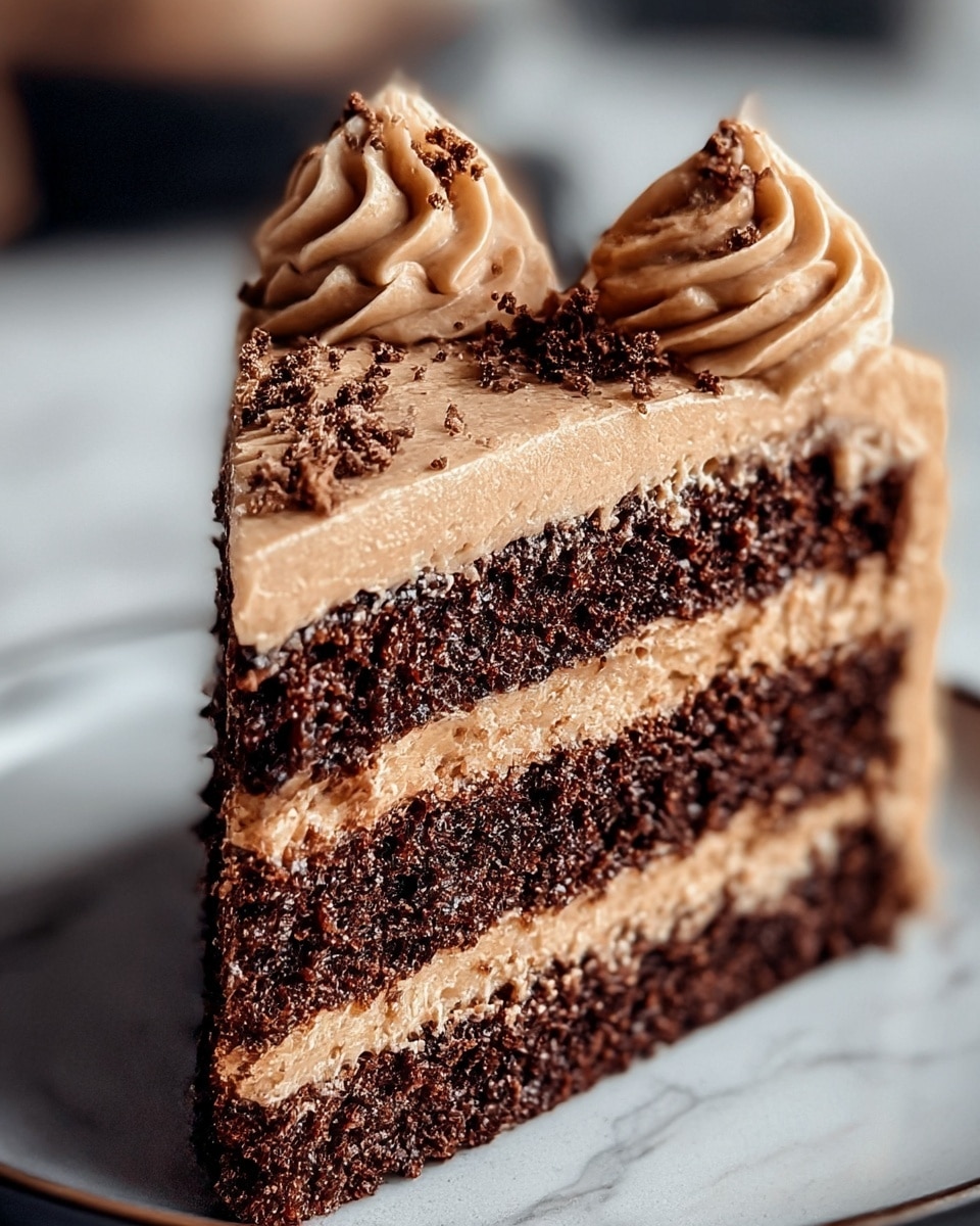A close-up of a three-layer chocolate cake slice on a white plate, each layer made of dense, dark brown chocolate sponge separated by smooth, light brown creamy frosting. The top layer of the cake is fully covered in the same light brown frosting with two swirls of piped cream. Small chocolate crumbs are sprinkled on top of the swirls. The background is a white marbled texture, softly blurred. Photo taken with an iphone --ar 4:5 --v 7
