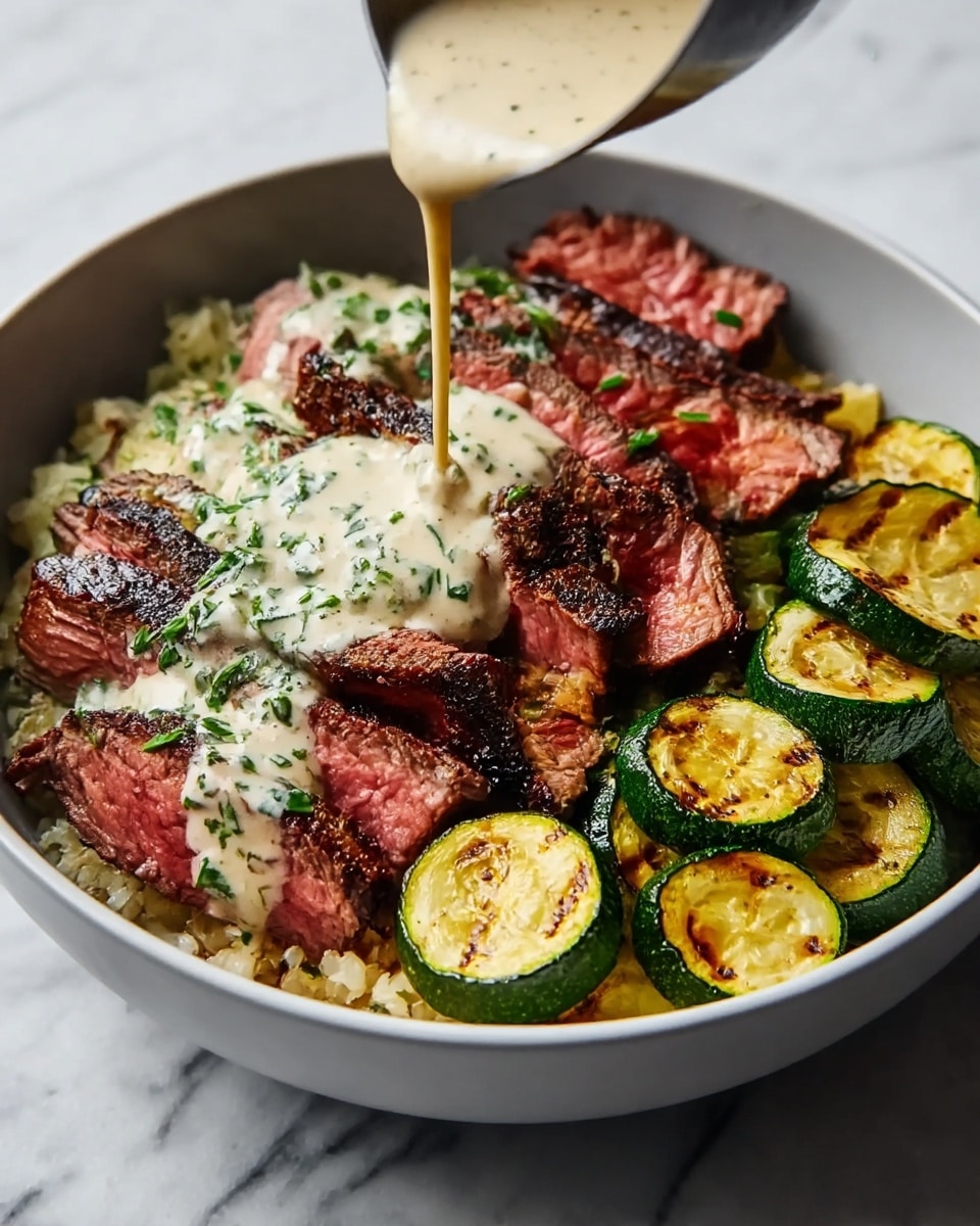A white bowl filled with three main layers: on the left, slices of grilled steak show a pink center with dark, charred edges; the middle is topped by creamy white sauce with green herbs being poured over the steak; on the right, round, grilled zucchini slices exhibit green skin and yellow flesh with brown grill marks; the base of the bowl has a layer of light-colored grains or rice partially visible beneath the steak and sauce, all set on a white marbled surface. photo taken with an iphone --ar 4:5 --v 7