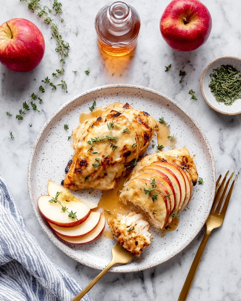The dish shows two pieces of cooked chicken breasts on a white speckled plate, each topped with lightly browned melted cheese and thin apple slices layered beneath the cheese. The chicken has a golden and slightly charred texture, garnished with small green herb leaves scattered over the top. On one side of the plate are a few additional apple slices with herbs on top. A gold fork rests on the plate, holding a bite of the chicken and apple stack. The plate sits on a white marbled surface with two red apples, a small glass bottle with amber liquid, a small dish with herbs, two gold forks, green herbs scattered around, and a folded white and blue striped cloth nearby. Photo taken with an iphone --ar 4:5 --v 7
