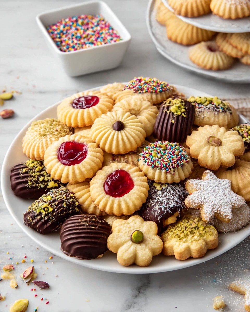 A white plate filled with a variety of shortbread cookies, arranged in layers that slightly overlap. The cookies have a light golden brown color and come in different shapes such as rounds with a scalloped edge, ridged oval shapes, and flower-like swirls. Some cookies are half-dipped in dark chocolate and decorated with colorful sprinkles, shredded coconut, or chopped pistachios on one end. Others have a dollop of red jam or a small drop of chocolate in the center. The plate sits on a white marbled textured surface. photo taken with an iphone --ar 4:5 --v 7