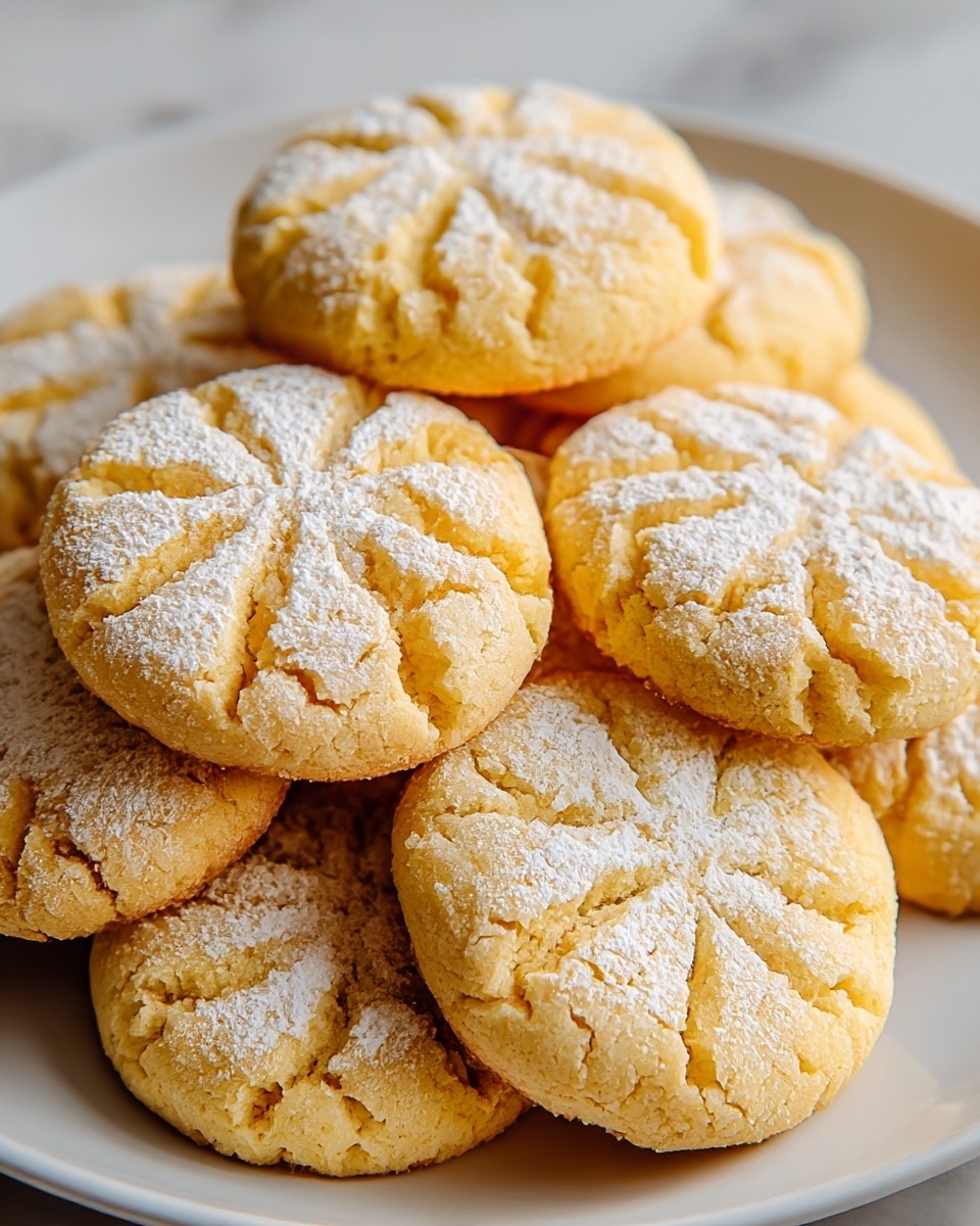 A close-up view of a white plate stacked with several round, golden-yellow cookies. Each cookie has a cracked surface texture with a light sprinkle of white powdered sugar dusted evenly on top. The cookies display a slight crumbly texture and have subtle lines pressed into their tops, creating a star-like pattern. The background is a white marbled surface. photo taken with an iphone --ar 4:5 --v 7