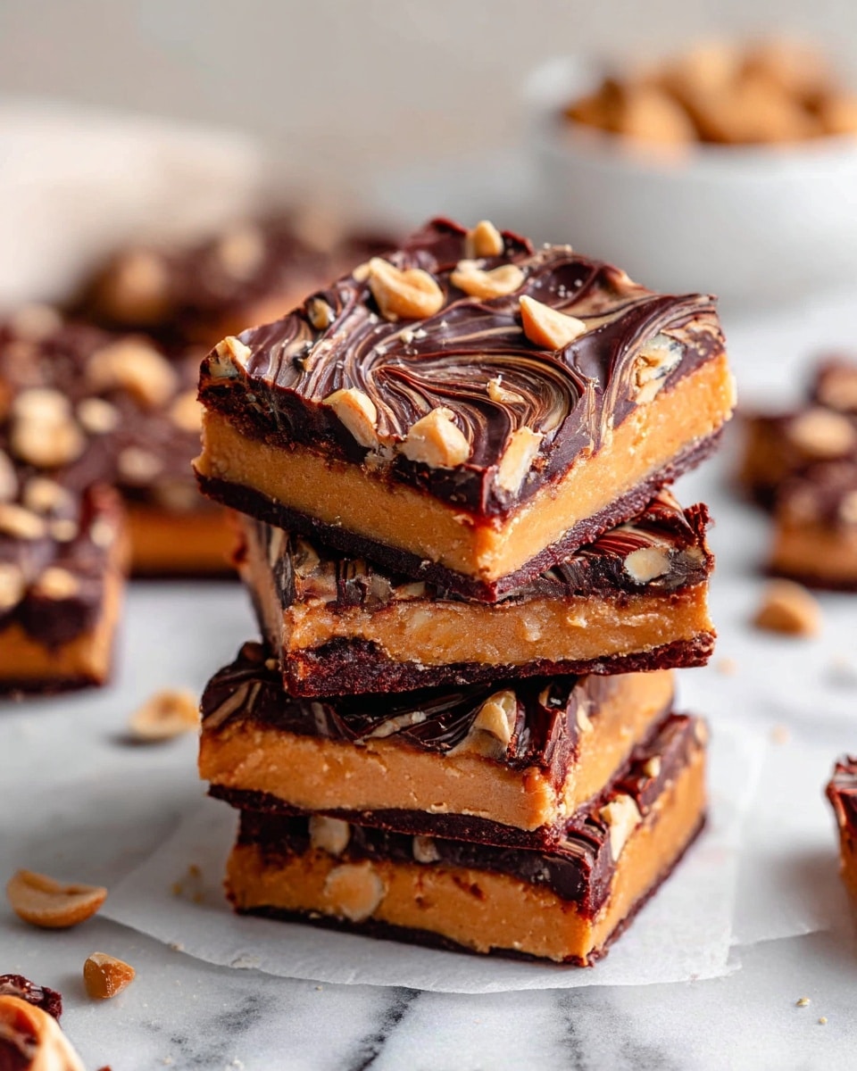 The image shows a stack of three square chocolate peanut butter bars on a white marbled surface. Each bar has three layers: a dark, slightly glossy chocolate base, a middle creamy, smooth peanut butter layer with a light orange-brown color, and a top layer of swirled dark chocolate with crushed peanuts scattered all over it. The bars have a chunky texture with visible pieces of peanuts, and the edges are slightly uneven, showing the layers well. In the background, there are more broken pieces of the bars and a blurred white bowl with some nuts inside, giving a cozy and rich feel to the scene. photo taken with an iphone --ar 4:5 --v 7