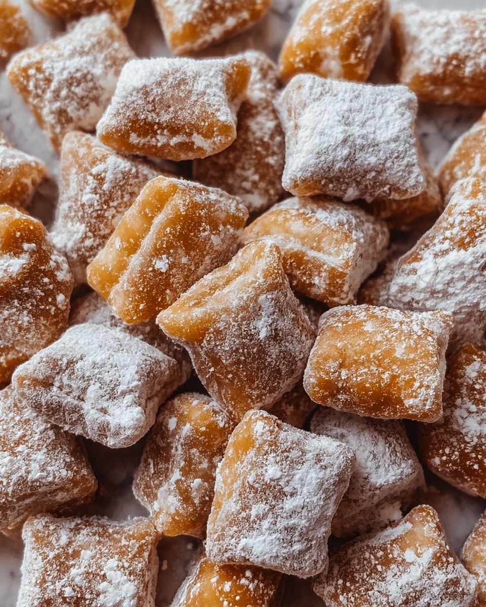 The image shows many small, square-shaped snack pieces closely packed together. Each piece is covered in a light layer of white powdered sugar dusted evenly across their rough, bumpy surface. The squares have a golden caramel color peeking through the powdered sugar, giving them a slightly shiny and crunchy look. The texture appears soft yet crispy, with some pieces showing small dimples and uneven edges. The overall color mix is light brown and white, creating a cozy, sweet appearance. The background is a white marbled texture. photo taken with an iphone --ar 4:5 --v 7