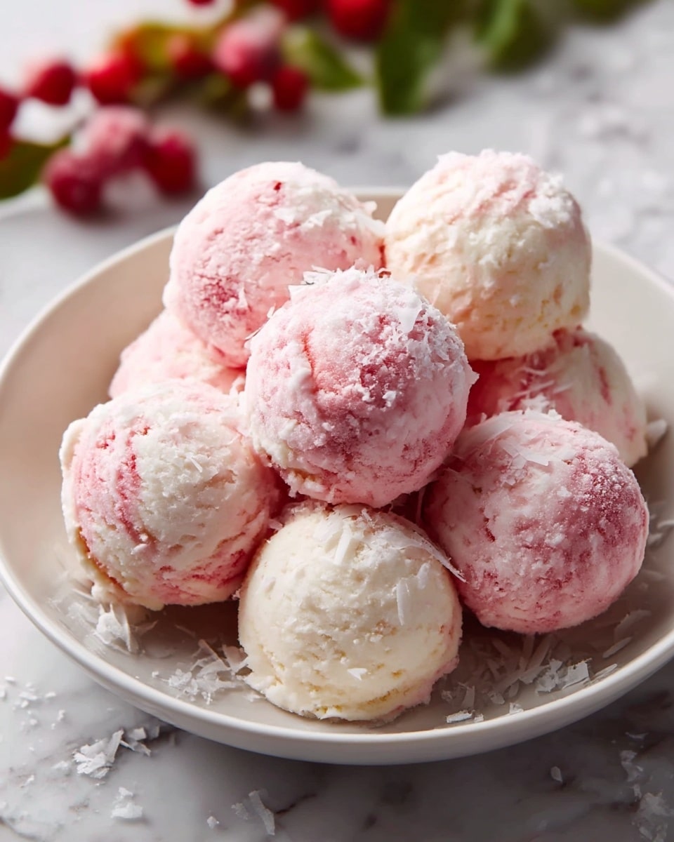 A white bowl holds about eight small scoops of ice cream, arranged in a loose pile. Each scoop has two colors swirled together: soft pink and creamy white, creating a marbled effect. The texture looks smooth and slightly creamy, with some small, icy crystals on the surface giving a frozen feel. Around the scoops, thin white flakes are sprinkled, adding a light, delicate touch. The background shows a white marbled texture with a few blurred red berries and green leaves. photo taken with an iphone --ar 4:5 --v 7