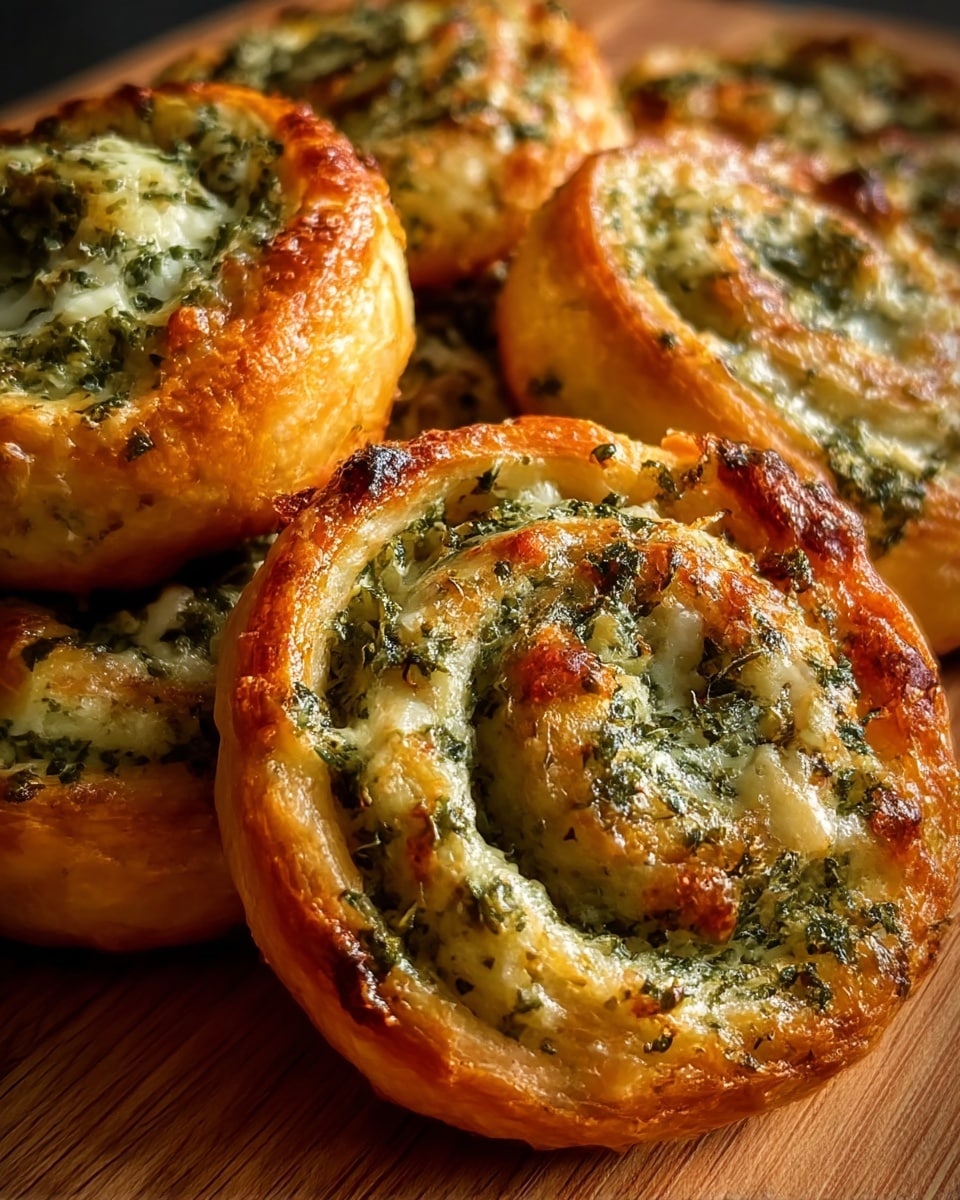 The image shows a close-up of several golden-brown savory pinwheels resting on a wooden board, each pinwheel formed by multiple layered spirals with a flaky, crispy outer crust. Inside the swirls, a green herb mix combined with melted cheese creates contrast and texture, appearing slightly browned and bubbly from baking. The layers inside reveal a rolled sequence of light dough and herb filling, giving the pastries a rustic and appetizing look. photo taken with an iphone --ar 4:5 --v 7