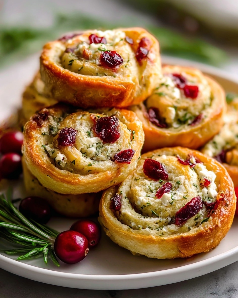 The image shows a white plate with several golden-brown swirled rolls stacked closely together, each roll revealing three visible layers: a crispy outer baked crust, a soft dough inner layer mixed with green herbs, and a filling of white crumbly cheese and bright red cranberries scattered throughout. The rolls sit atop a white marbled surface, with a few whole fresh cranberries and green rosemary sprigs placed around the plate, adding contrast and freshness. The lighting highlights the texture of the crust and the vibrant colors of the filling, giving the dish an inviting look. Photo taken with an iphone --ar 4:5 --v 7