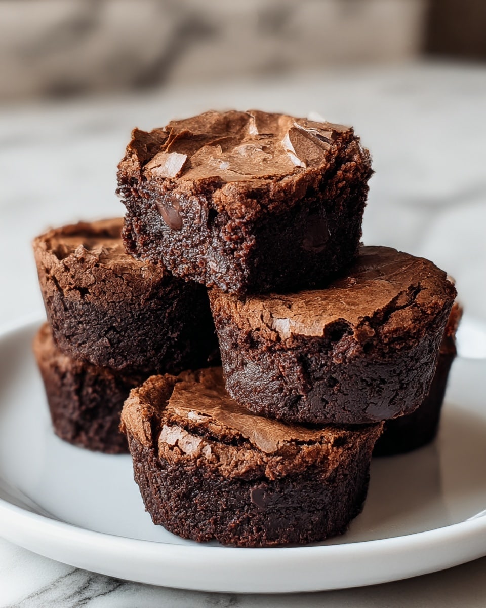 Four small, thick chocolate brownies are arranged in a pyramid shape on a white plate, placed on a white marbled surface. Each brownie has a dark brown, moist texture with a cracked and shiny top layer that looks thin and slightly flaky. The sides are dense and rich with a rough surface, showing the fudgy inside. The brownies stand slightly tall and close together, with the top one centered, catching soft light that highlights the texture. Photo taken with an iphone --ar 4:5 --v 7